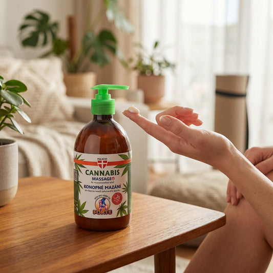 Lotion au chanvre Palacio en flacon brun à pompe verte, massage et détente