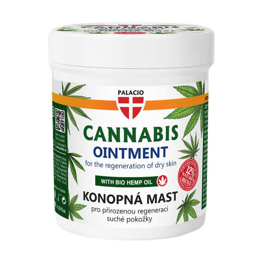 Pot de pommade régénératrice Palacio au chanvre, couvercle blanc, étiquette Cannabis Ointment