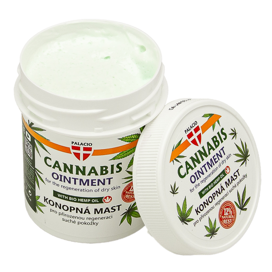 Pot de pommade Palacio au chanvre ouvert avec crème blanche, petit couvercle à côté