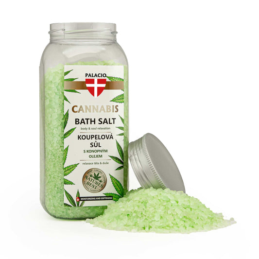 Pot de sel de bain cannabis au chanvre, cristaux verts et couvercle gris ouvert.
