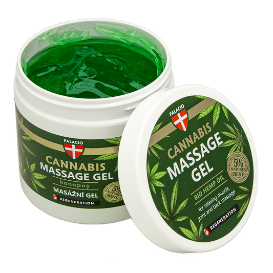 Gel de massage au chanvre Palacio en pot blanc, couvercle ouvert, gel vert