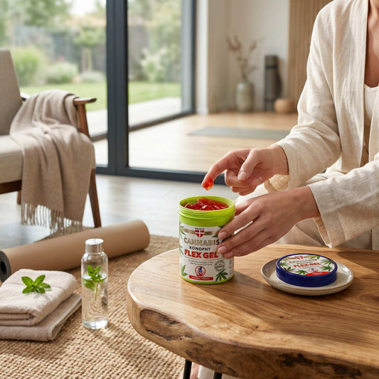 Pot de gel de massage chauffant au chanvre, main posant le couvercle sur une table