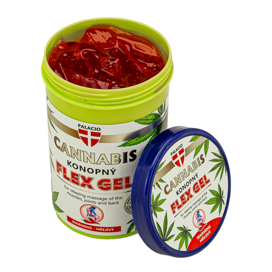 Gel de massage chauffant Flex au chanvre Palacio, pot vert avec couvercle vert