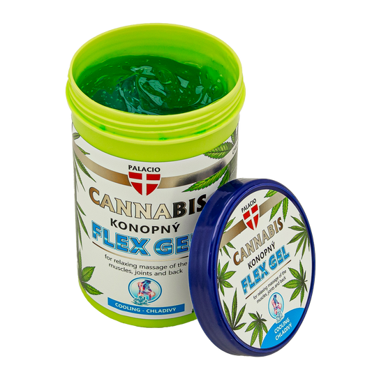 Pot de gel de massage au chanvre Cannabis Flex, couvercle vert et gel vert visible