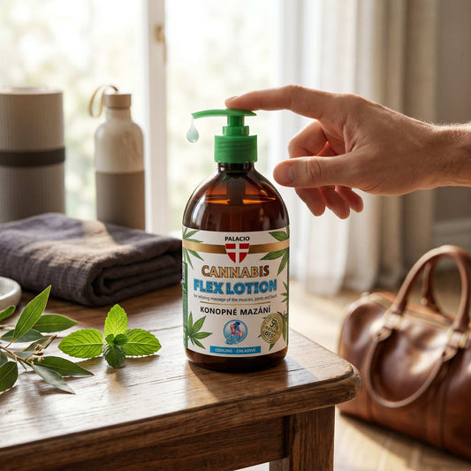 Gel de massage Palacio en flacon ambré avec pompe verte, goutte de gel sortante.