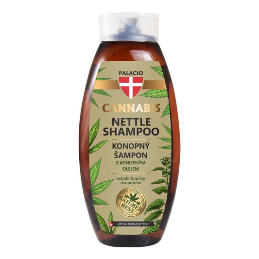 Shampooing chanvre et ortie Palacio, flacon ambré avec étiquette Cannabis Nettle