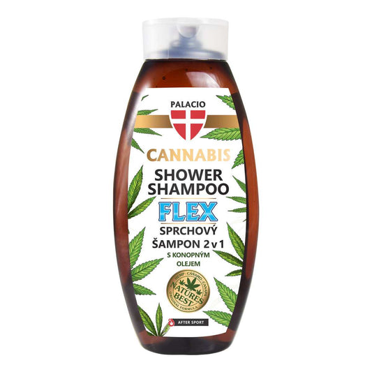 Bouteille de shampooing douche Palacio FLEX Cannabis, brune, étiquette 2 v 1