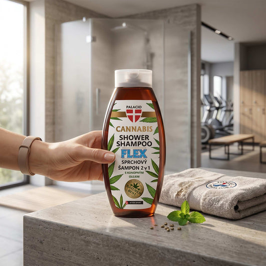 Bouteille de shampooing douche Palacio FLEX au chanvre, brune, 2 en 1