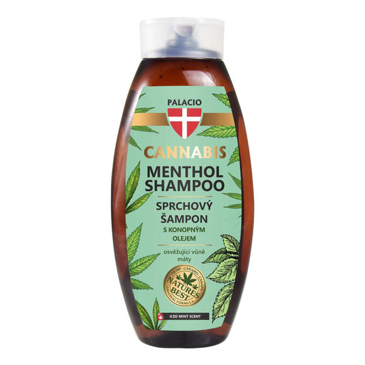 Shampoing Palacio en flacon brun, bouchon blanc, étiquette menthol et cannabis.