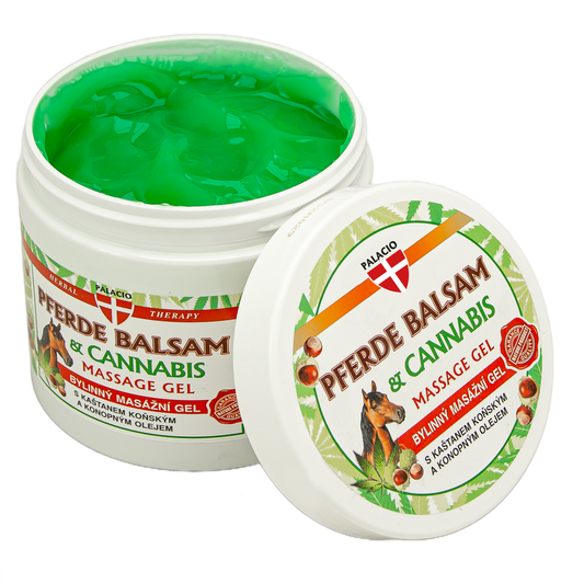 Pot de gel de massage Palacio, couvercle blanc, gel vert dans le pot