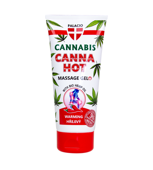 Tube de gel pour massage Canna Hot, rouge et blanc, logo Palacio.