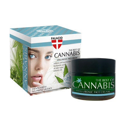 Crème de jour au chanvre et CBD : pot vert et boîte bleue, sur fond clair.