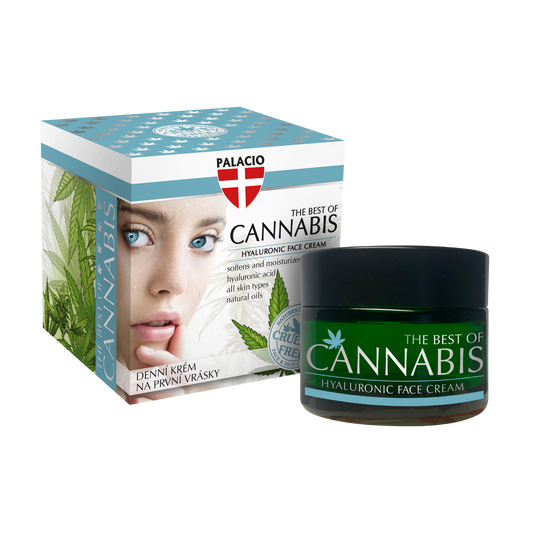 Crème de jour au chanvre et CBD : pot vert et boîte bleue, sur fond clair.