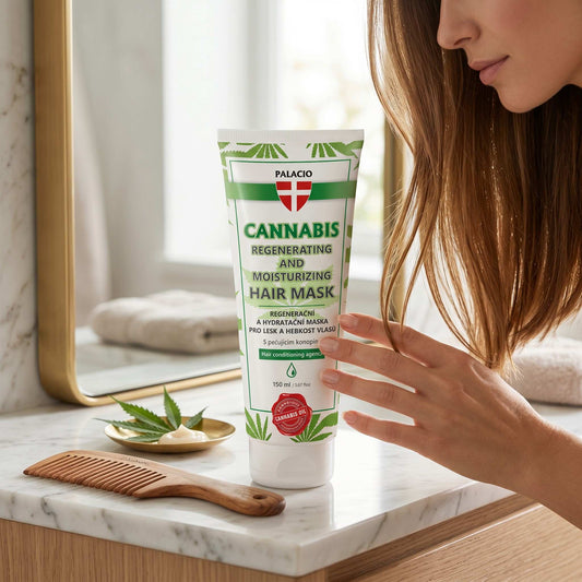 Tube de masque capillaire Palacio au chanvre et CBD 150 ml, étiquette verte et blanche