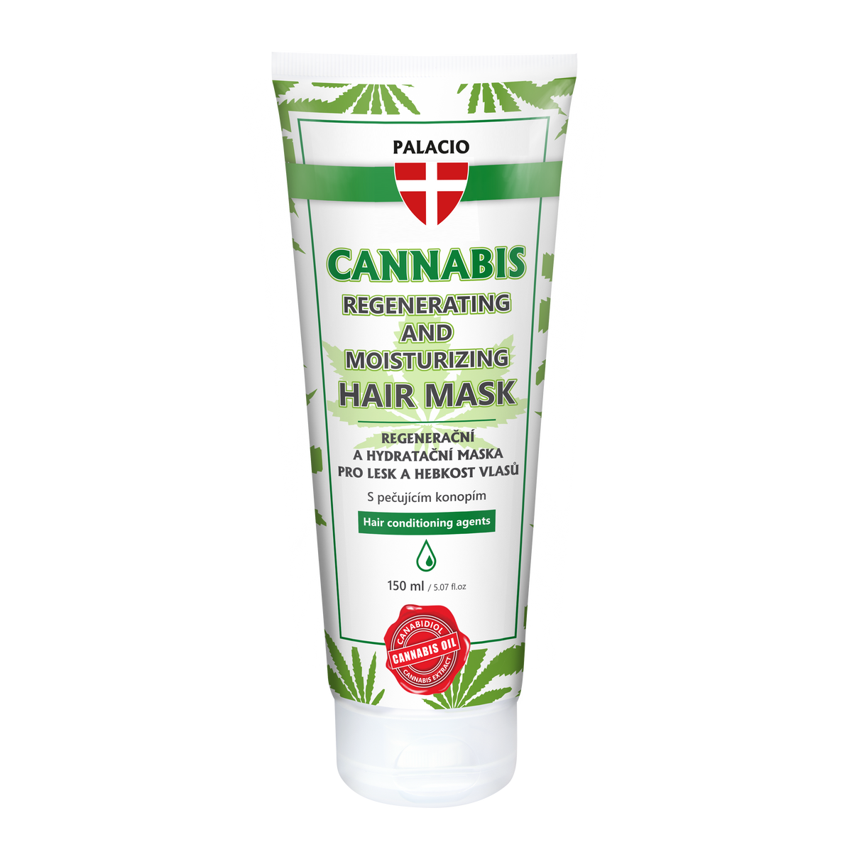 Masque capillaire Palacio au chanvre et CBD 150 ml en tube, étiquette verte et blanche