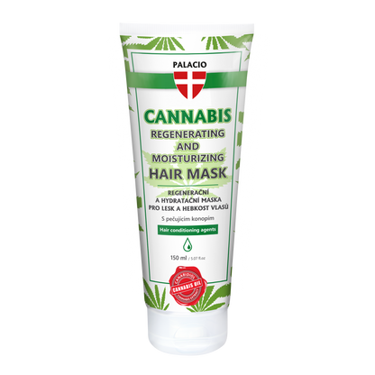 Masque capillaire Palacio au chanvre et CBD 150 ml en tube, étiquette verte et blanche