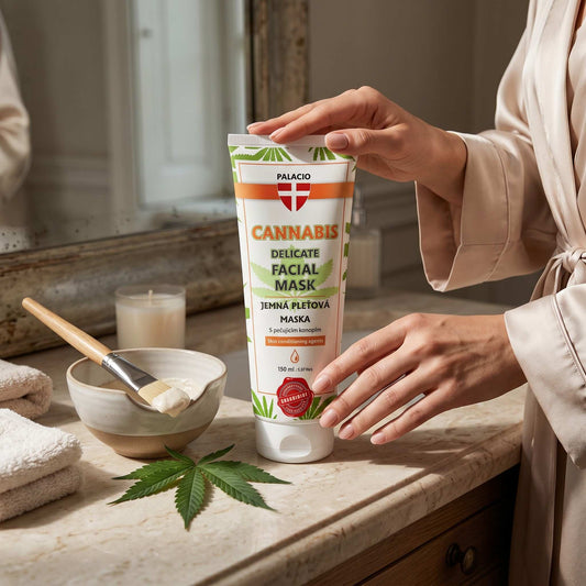 Tube de masque visage au chanvre & CBD Palacio, mains tenant le flacon 150 ml