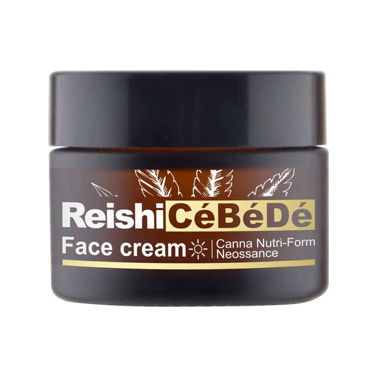 Pot de crème visage ReishiCéBéD noir, étiquette « Face cream » et « Canna Nutri-Form »