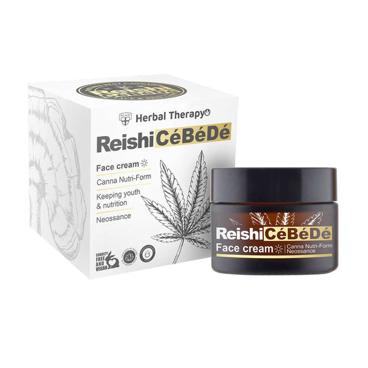 Crème visage ReishiCéBéD au CBD en pot noir et coffret blanc, 50 ml