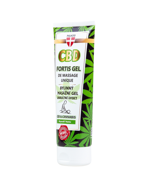 Tube de gel de massage CBD, étiquette verte aux motifs de chanvre.
