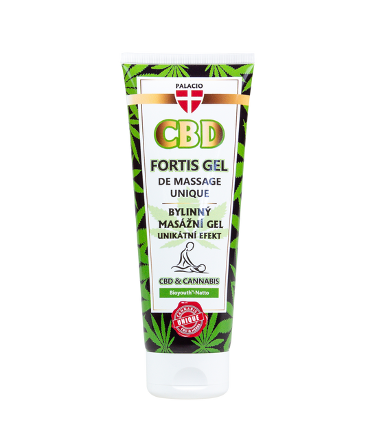 Tube de gel de massage CBD vert et blanc, format 200 ml.