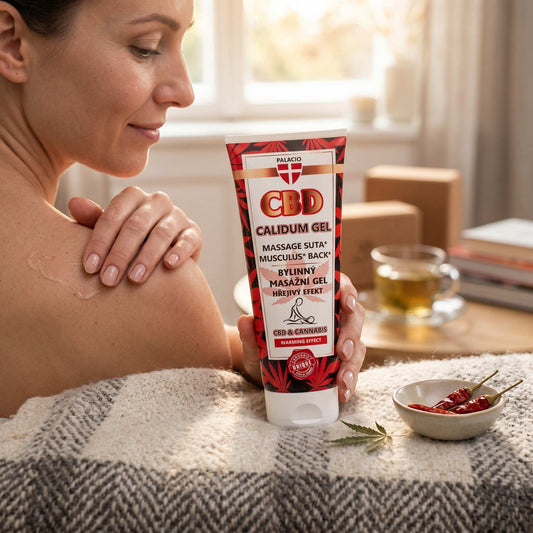 Gel de massage chauffant CBD Calidum au chanvre, tube 200 ml, application sur le dos