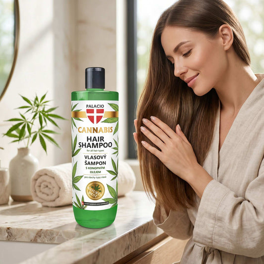 Shampoing doux au chanvre Palacio en flacon vert 500 ml, étiquette illustrée