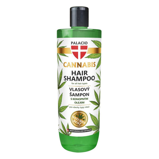 Bouteille de shampoing Palacio chanvre, flacon vert avec étiquette au design nature