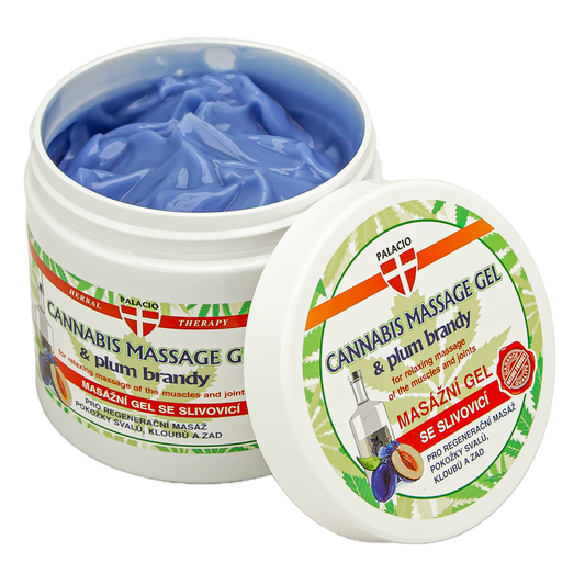 Gel de massage Palacio au chanvre et slivovice, pot ouvert avec gel bleu dans un couvercle.