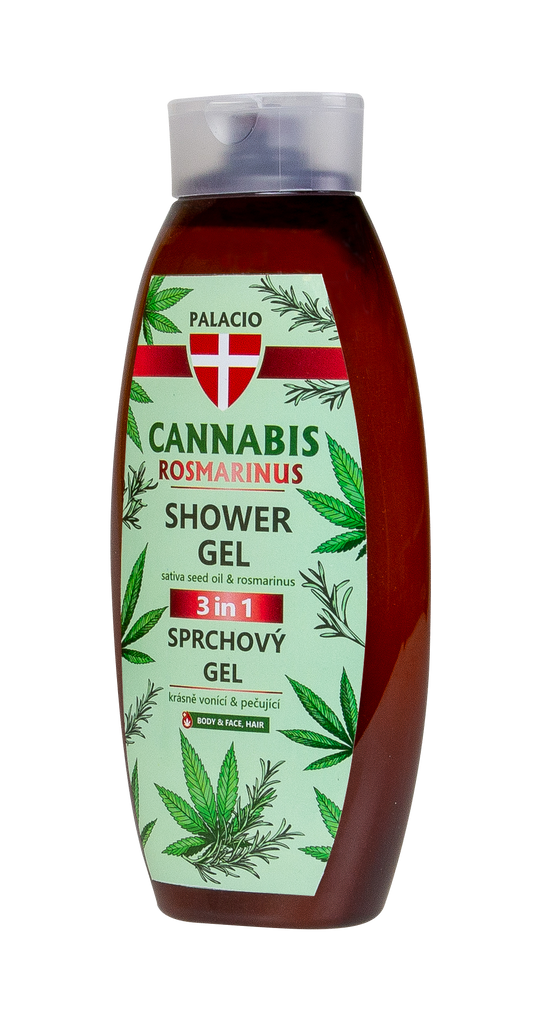 Gel douche 3-en-1 Palacio Cannabis & Romarin en flacon brun ambré.