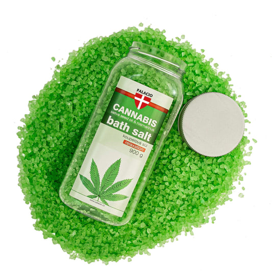 Bocal de sel de bain cannabis & romarin, grains verts, couvercle argent