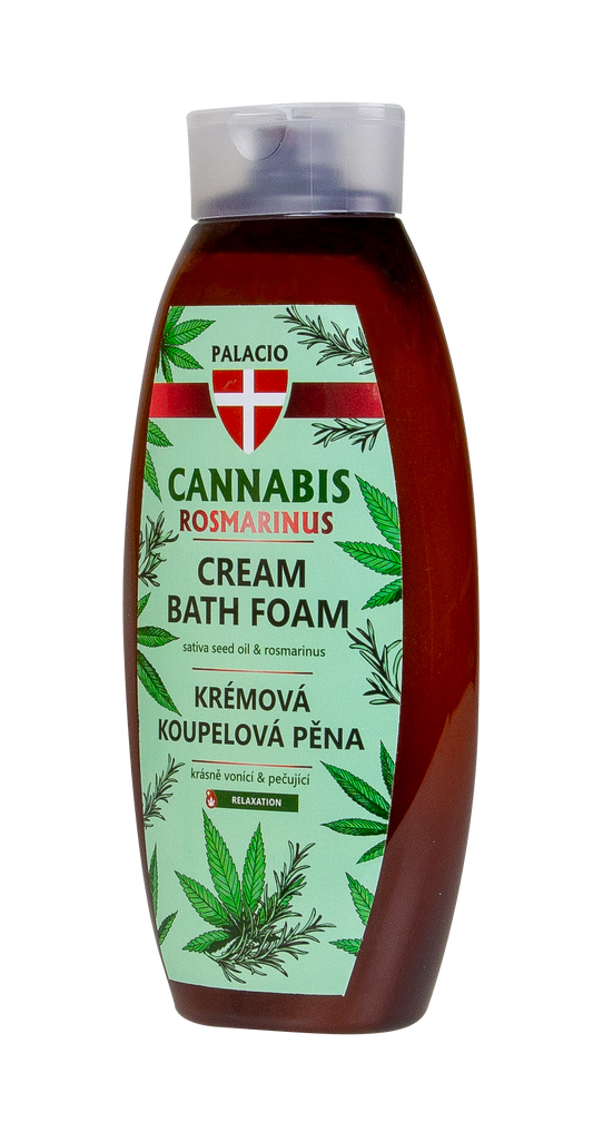Flacon de bain moussant Palacio à l’huile de chanvre, étiquette verte et rouge