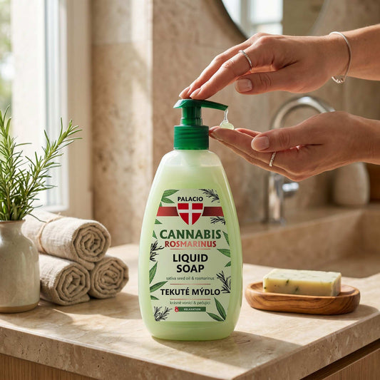 Savon liquide Palacio au chanvre et romarin en flacon vert à pompe, 500 ml