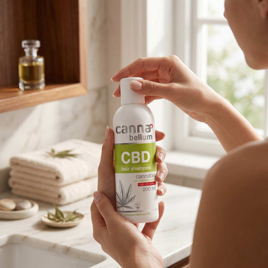 Shampoing CBD Cannabellum 200 ml, flacon blanc à étiquette verte tenue en main