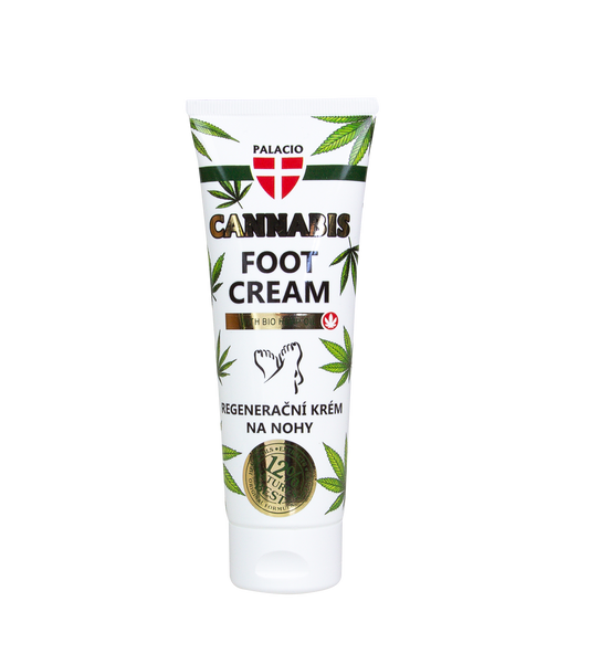 Crème pieds Palacio Cannabis BIO en tube blanc, étiquette verte et rouge, 125 ml