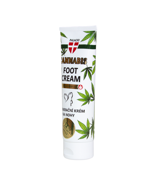 Crème pieds Palacio Cannabis BIO en tube blanc, vue de face, motif végétal