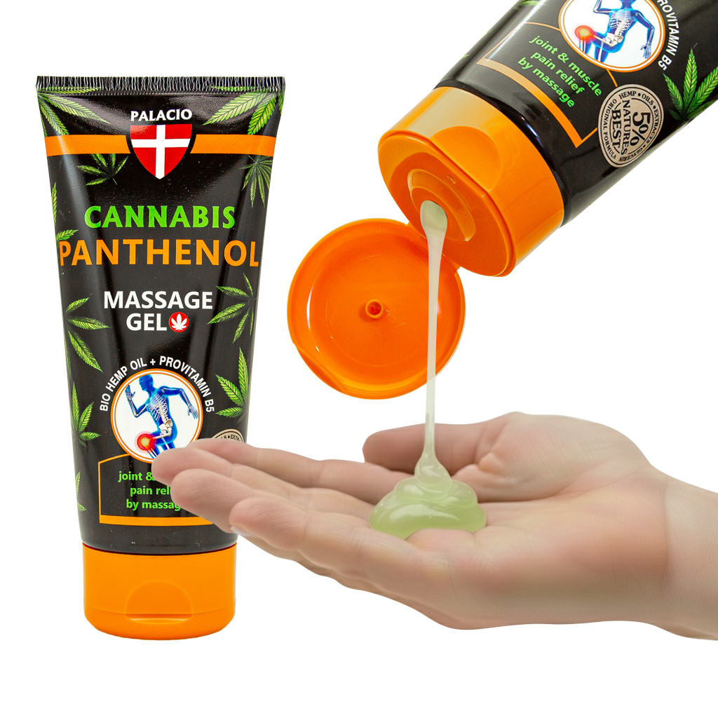 Gel de massage au chanvre et panthénol Palacio, tube orange, gel vert sur la main.
