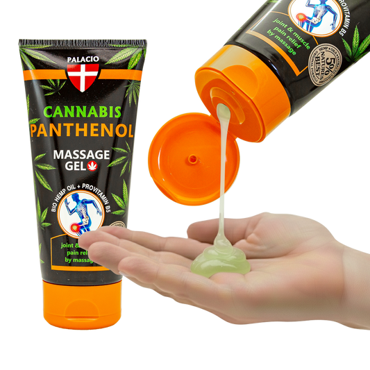Gel de massage au chanvre et panthénol Palacio, tube orange, gel vert sur la main.