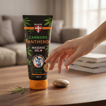 Gel de massage au chanvre et panthénol Palacio, tube 200 ml, main proche du produit.