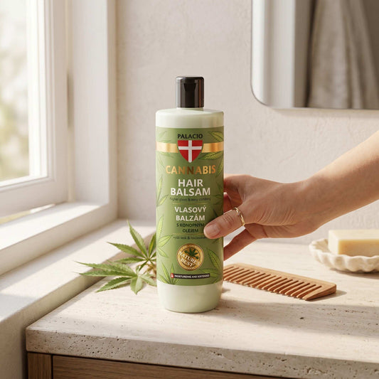 Après-shampoing au chanvre Palacio en flacon beige, bouchon noir.