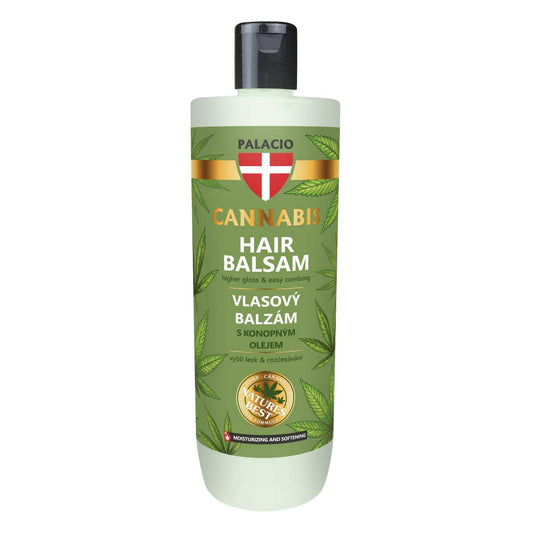 Après-shampoing au chanvre Palacio en flacon beige, étiquette Cannabis et feuilles.