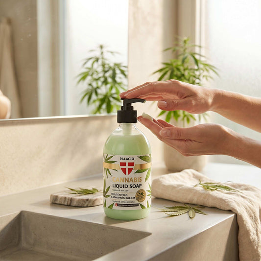 Savon liquide mains au chanvre Palacio avec pompe doseuse, flacon vert et étiquette