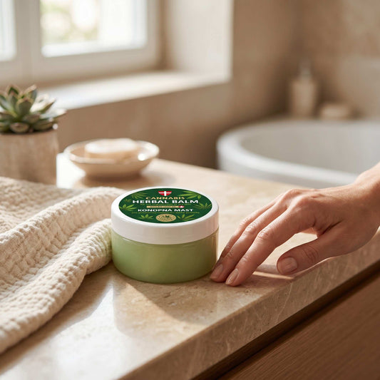 Baume au chanvre en pot, couvercle vert, application avec la main sur une surface