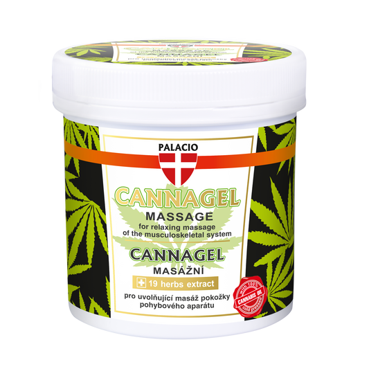 Pot de gel de massage CANNAGEL au chanvre, étiquette verte, logo Palacio.