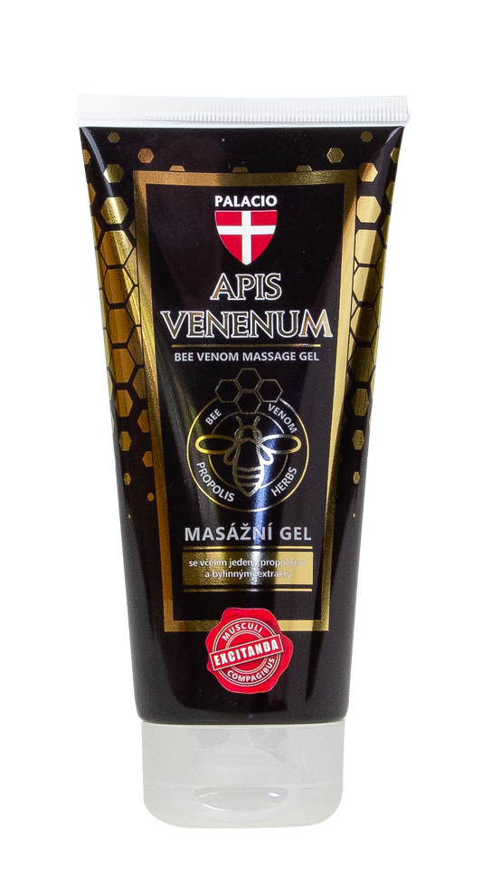 Tube de gel de massage Apis Venenum Palacio, étiquette noire et or.