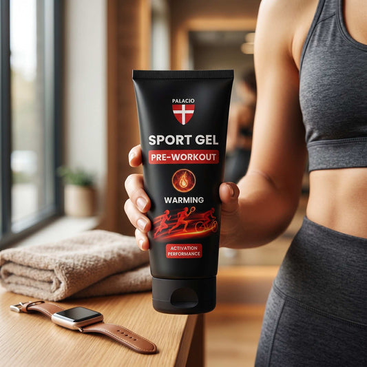 Gel sportif chauffant en tube noir tenu par une personne en tenue de sport.