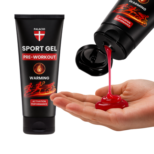 Gel sportif chauffant en tube noir, graphismes rouges, gel rouge appliqué à la main.