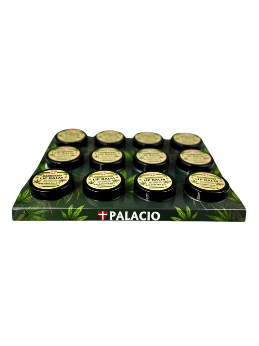 Présentoir de baumes à lèvres au chanvre BIO Palacio : plusieurs pots ronds noirs.