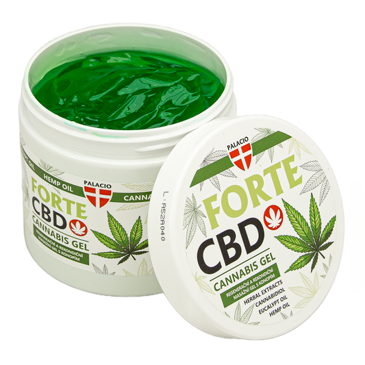Gel de massage CBD Forte en pot blanc, couvercle vert translucide
