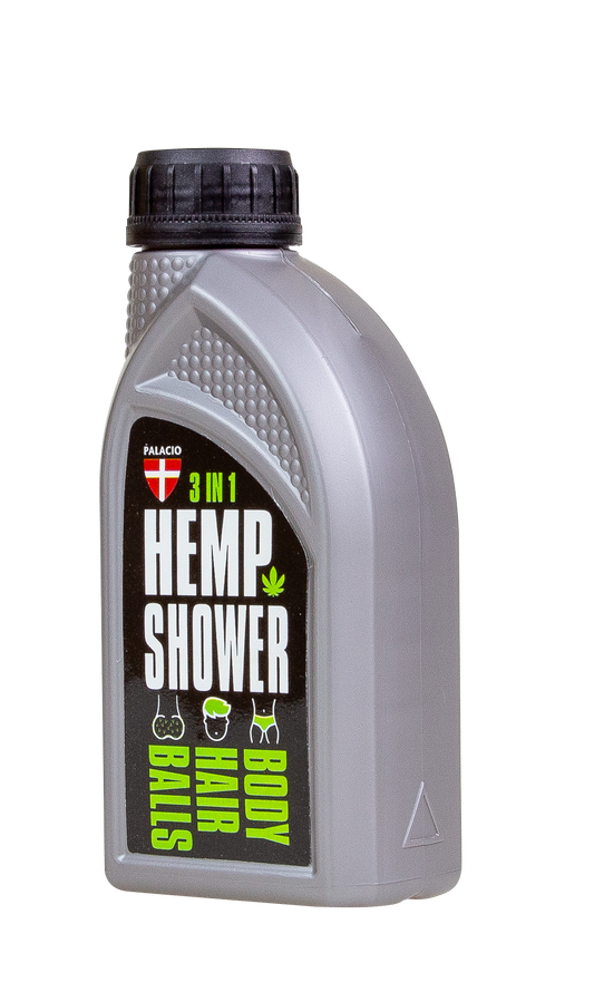 Gel douche 3-en-1 au chanvre Palacio, flacon gris à bouchon noir, étiquette Hemp Shower